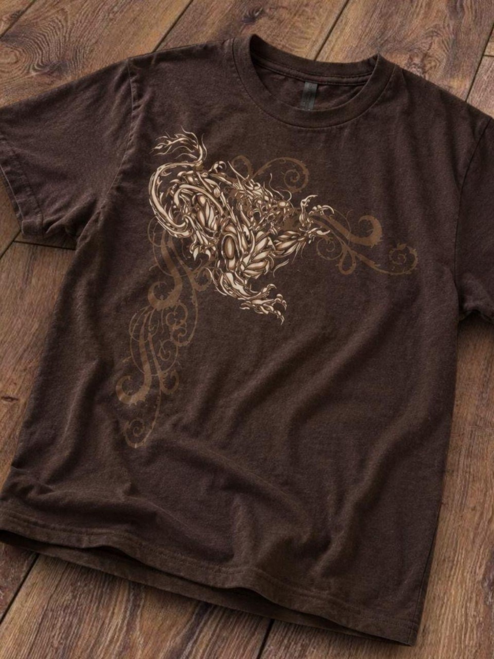 Gildan Brown Short Sleeve Tee with Cream Ornamental Graphic